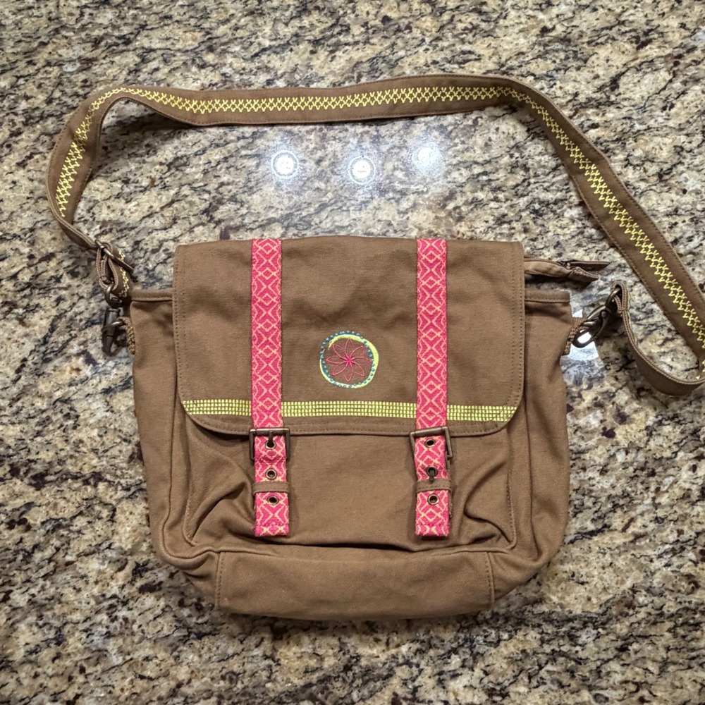 American Girl Brown Canvas Messenger Crossbody Bag Pink Yellow Embroidery Kids
